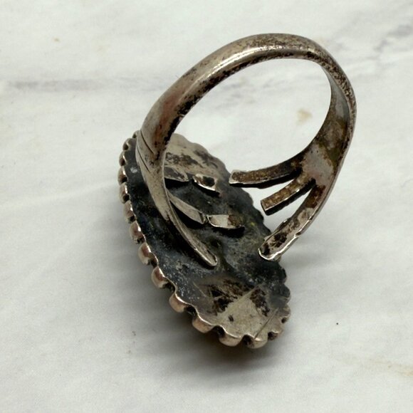Vtg Sterling Silver Long Malachite Southwest Ring Stampwork Women Size 5 NOTE - Picture 5 of 11